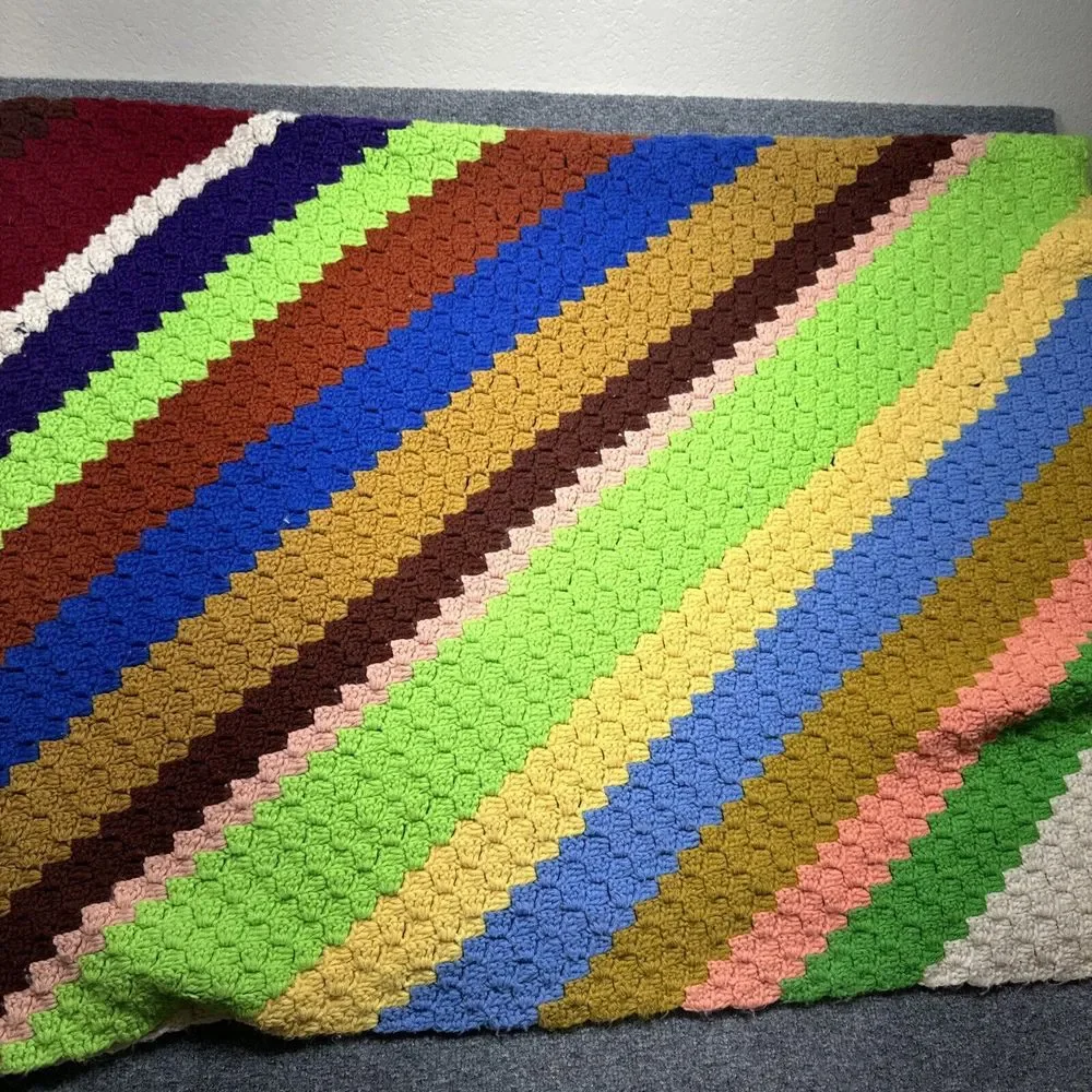 Knit‎ Afghan Blanket Throw 75X 53 Multi Color Stripes Striped Hand Made Granny